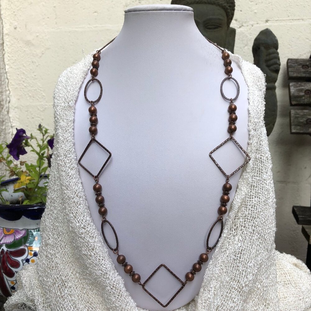 Stylish Square and Oval Link Necklace in Antique Copper